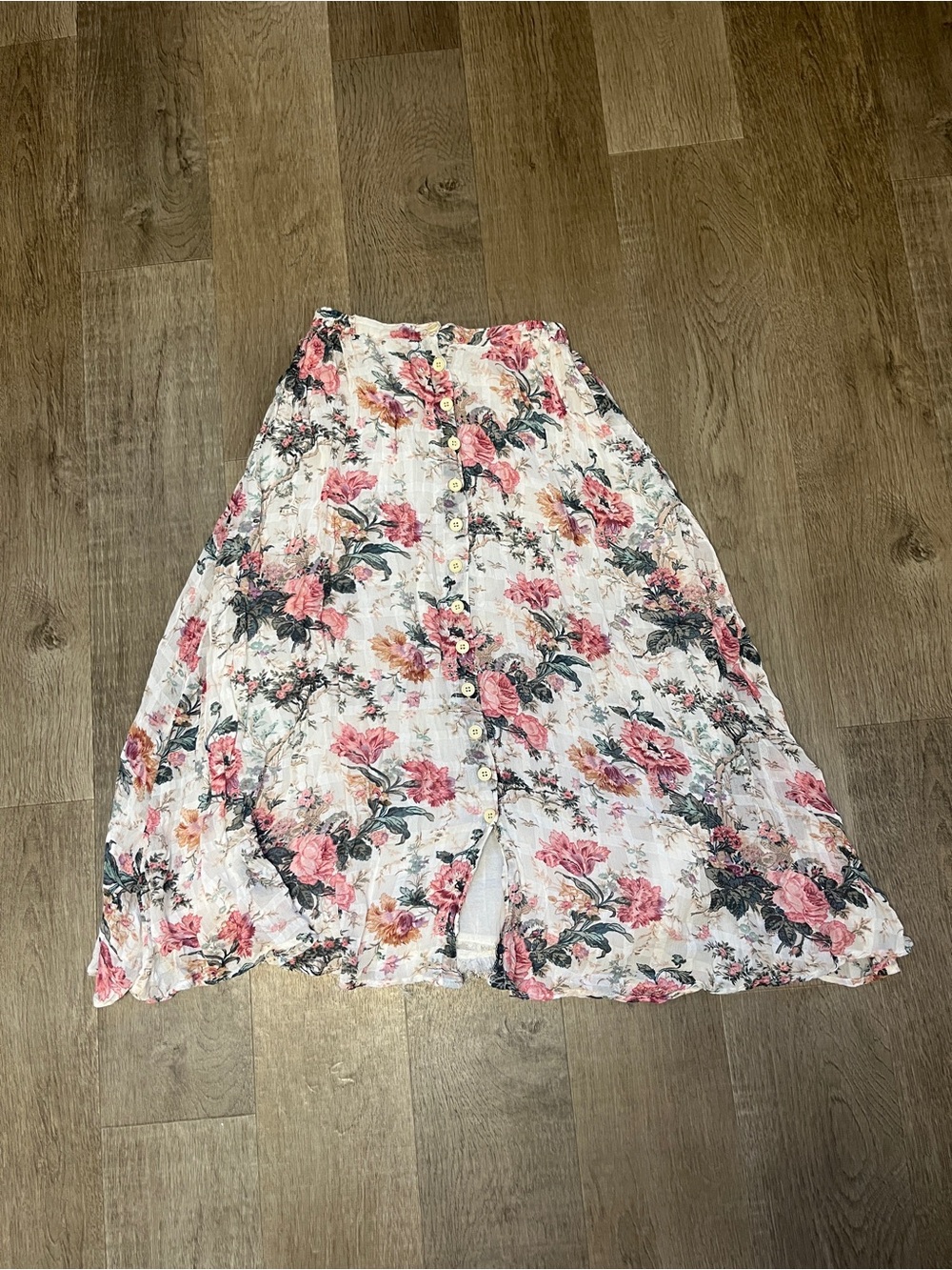 Vintage Pink Floral Button-Front A-Line Skirt on Cream